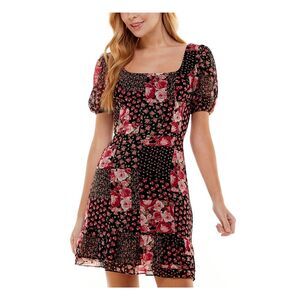 CITY STUDIO Womens Criss-cross Tie-back Pouf Sleeve Short Fit + Flare Dress